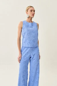 Conjunto de Laise de Algodão de Blusa regata Crop e Calça Reta