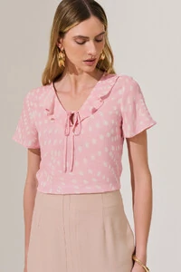 Blusa Poa Decote V Babado Laço