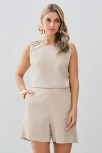 Conjunto de Linho de Blusa Regata Ombro Pregas e Shorts