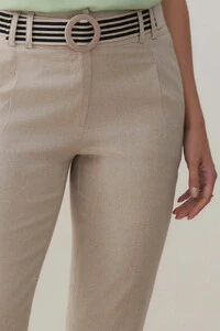 Calça Cigarrete de Linho Pregas Passante Double Cinto Listrado