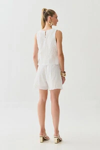 Conjunto de Algodão Bordado Folhagem de Blusa Regata Barrada e Shorts Barrado