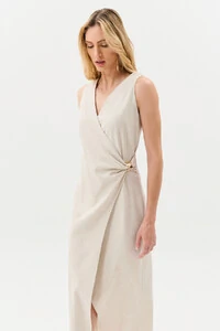 Vestido Midi Regata Transpassado de Linho Lateral Franzida Gold