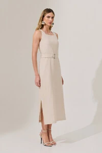 Vestido Midi Regata de Linho Decote Quadrado Fendas Laterais Cinto Fivela