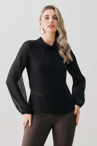 Blusa Dupla Transpassada Assimétrica de Chiffon Yoryu Manga Longa Gola Dobrada