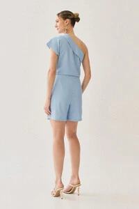 Conjunto Assimétrico de Blusa Regata Um Ombro Só Pregas Double e Shorts Saia