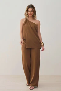 Conjunto de Blusa Regata Dupla Assimétrica Um Ombro Só Gold e Calça Pantalona Elástico