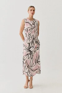 Conjunto Assimétrico Floral de Regata Crop Pregas Double e Saia Midi Pregas