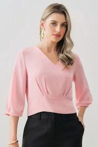 Blusa Crop Manga 3/4 Decote V Cintura Pregas Double