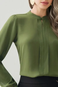 Blusa Manga Longa Punho Gola Baixa Mini Botão Forrado Pregas