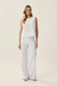 Conjunto de Laise de Algodão de Blusa regata Crop e Calça Reta