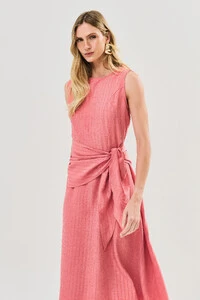 Vestido Midi Regata de Textrua Listrada Cintura Faixa Franzida