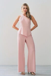 Conjunto de Blusa Regata Assimétrica Um Ombro Só Recorte Cintura e Calça Wide Leg Botão Forrado