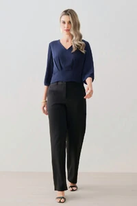 Blusa Crop Manga 3/4 Decote V Cintura Pregas Double