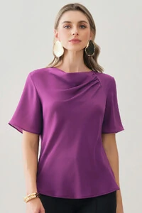 Blusa Assimétrica Manga Evasê Decote Drapeado Ombro Recorte Franzidos