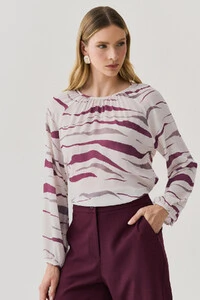Blusa Zebra Abstrata Manga Longa Raglan Decote Franzido