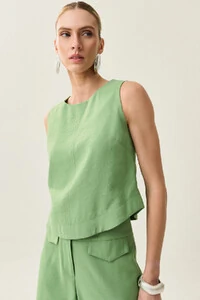 Conjunto de Alfaiataria de Blusa Regata Crop Recorte Calça Reta Aba Botões Forrados Double