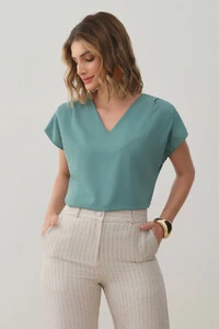 Blusa Manga Morcego Decote V Ombro Pregas Double