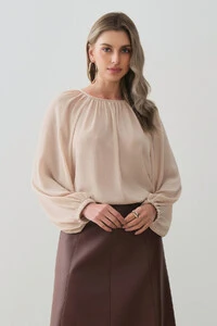 Blusa Assimétrica de Chiffon Yoryu Manga Longa Raglan Ampla Elástico Decote Franzido