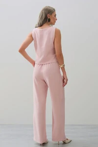 Conjunto de Blusa Regata Crop Pence e Calça Reta Cintura Elástico Laço