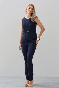Conjunto de Alfaiataria de Blusa Regata Recorte Cinto Gold e Calça Reta