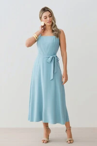 Vestido Midi de Alça Larga de Alfaitaria Decote Quadrado Recortes Cinto