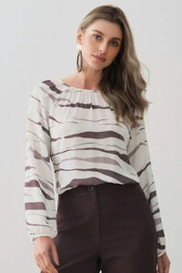 Blusa Zebra Abstrata Manga Longa Raglan Decote Franzido