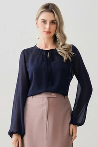 Blusa de Chiffon Yoryu Manga Longa Decote Gota Laço