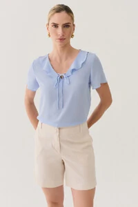 Blusa Decote V Babado Laço