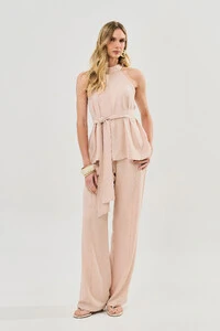 Conjunto de Blusa Regata Frente Única Faixa e Pantalona Nervura
