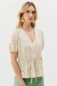 Blusa de Laise de Algodão Manga Bufante Elástico Decote V Cintura Elástico Laço