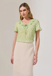 Blusa Poa Decote V Babado Laço