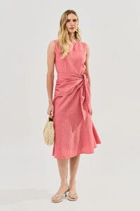 Vestido Midi Regata de Textrua Listrada Cintura Faixa Franzida