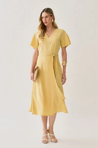 Vestido Midi Evasê Manga Abertura Decote V Cinto
