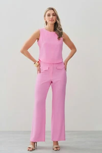 Conjunto de Alfaiataria de Blusa Regata Crop Recorte Calça Reta Aba Botões Forrados Double