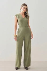 Macacão Regata de Alfaiataria Decote V Ombro Pregas Cinto Fino Gold