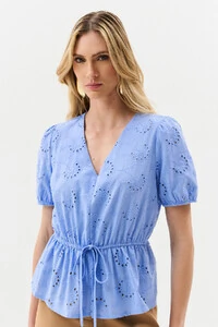 Blusa de Laise de Algodão Manga Bufante Elástico Decote V Cintura Elástico Laço