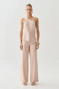 Conjunto de Blusa Regata Assimétrica Um Ombro Só Recorte Cintura e Calça Wide Leg Botão Forrado