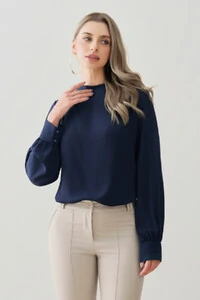 Blusa Assimétrica Manga Longa Punho Double Gola Careca Baixa Ombro Direito Pregas Double