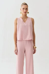 Conjunto de Blusa Regata Decote V Lateral Mini Botões Triple e Calça Reta