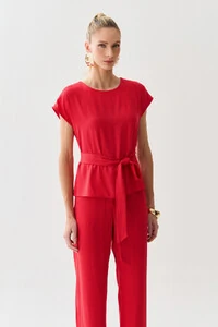 Conjunto de Blusa Manga Morcego Cinto e Calça Reta