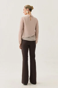 Blusa Dupla Transpassada Assimétrica de Chiffon Yoryu Manga Longa Gola Dobrada