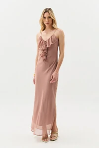 Vestido Longo de Alcinha de Chiffon Yoryu Decote V Babado Laço
