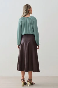 Blusa Assimétrica de Chiffon Yoryu Manga Longa Raglan Ampla Elástico Decote Franzido