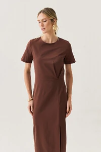 Vestido Midi Assimétrico Cintura Prega