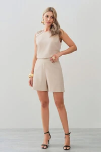 Conjunto de Linho de Blusa Regata Ombro Pregas e Shorts