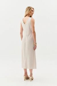 Vestido Midi Regata Transpassado de Linho Lateral Franzida Gold