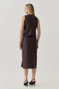 Conjunto de Couro de Regata Crop Recorte e Saia Midi Recorte Fenda Lateral