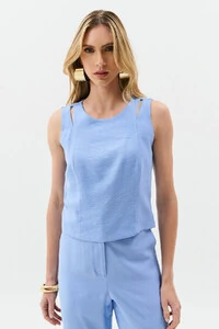 Conjunto de Blusa Regata Crop Ombro Cut Out Recorte e Calça Reta Botão Forrado
