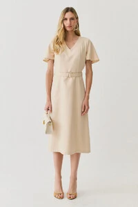Vestsido Midi Decote V Cinto Fivela Gold