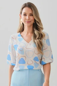 Blusa Abstrata Triângulo Manga 3/4 Elástico Decote V